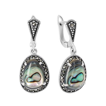 Серебряные серьги с марказитами и перламутром с чернением