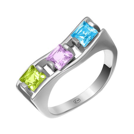 Серебряное кольцо с аметистом и топазом с хризолитом и родированием