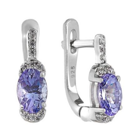 Серебряные серьги с танзанитами и фианитами с родированием