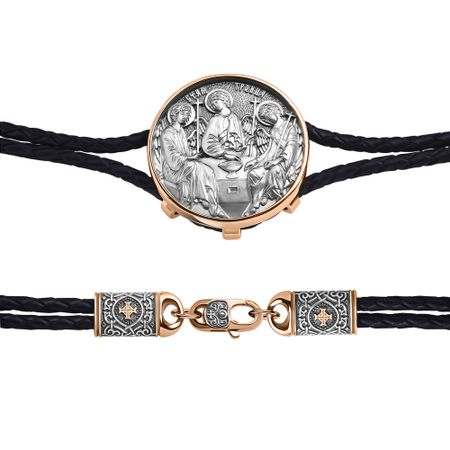 Кожаный браслет Святая Троица с серебряным замком с позолотой и чернением
