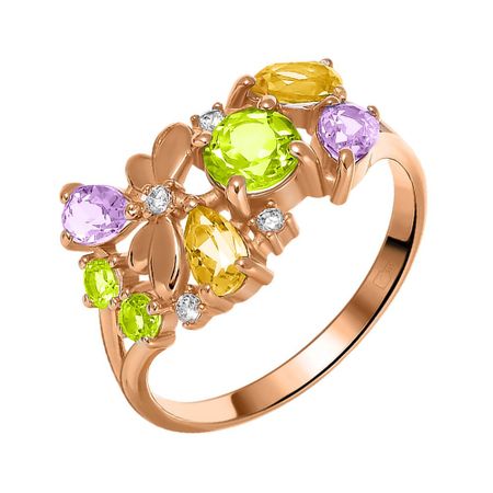 Золотое кольцо с хризолитами и цитринами с аметистами и фианитами