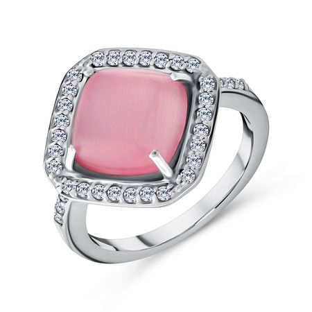 Серебряное кольцо с кошачьим глазом и фианитами с родированием