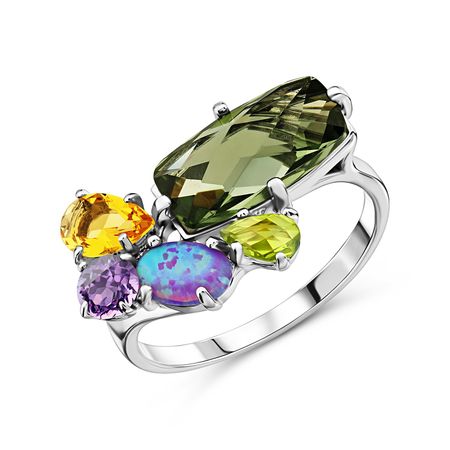 Серебряное кольцо с кварцем и аметистом с хризолитом и опалом с родированием