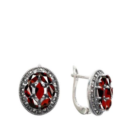 Серебряные серьги с марказитами и гранатом с чернением