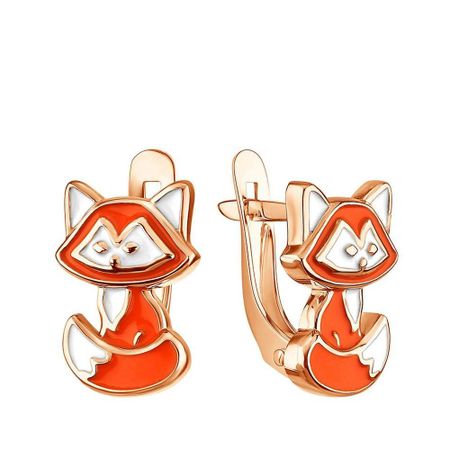 Золотые детские серьги Лиса с эмалью лиса и дрозд