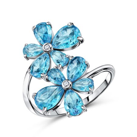 Серебряное кольцо Цветы с топазами Swiss и фианитами с родированием