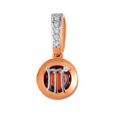 Золотая подвеска с гранатом и фианитами с родированием со знаком зодиака Дева