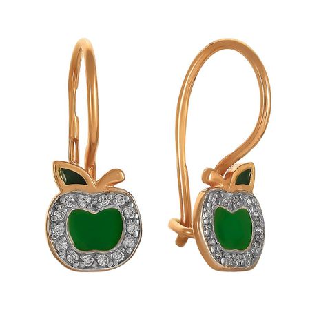 Серьги детские Яблоко из золота с эмалью и фианитами