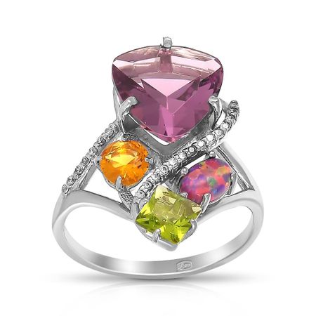 Серебряное кольцо с аметистом и опалом с хризолитом и цитрином с фианитами