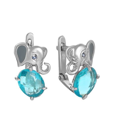 Серебряные детские серьги Слон с алпанитами и эмалью с фианитами