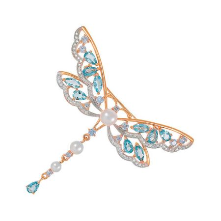 Золотая брошь Стрекоза с жемчугом и топазами Swiss с фианитами и родированием
