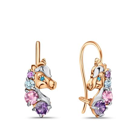 Золотые серьги с топазами Swiss, аметистами и фианитами