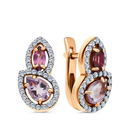 Золотые серьги с аметистами и родолитами с фианитами