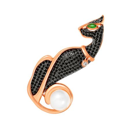 Серебряная брошь с жемчугом и ситаллами с кристаллами и фианитами с позолотой