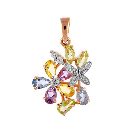 Золотое кольцо с аметистами и хризолитами с цитринами и топазами с фианитами и родированием