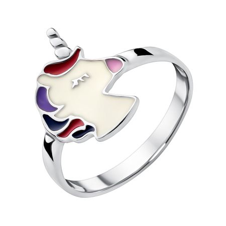 Серебряное кольцо Единорог с эмалью и родированием