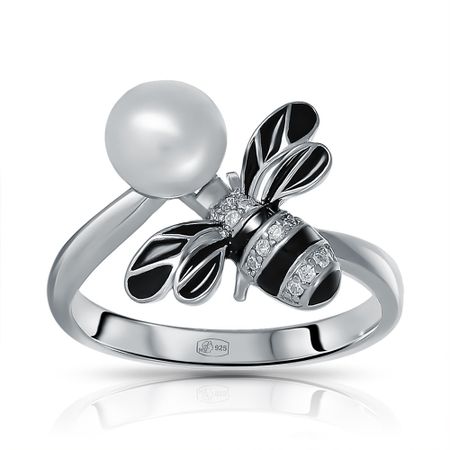 Серебряное кольцо Пчела с жемчугом и эмалью с фианитами