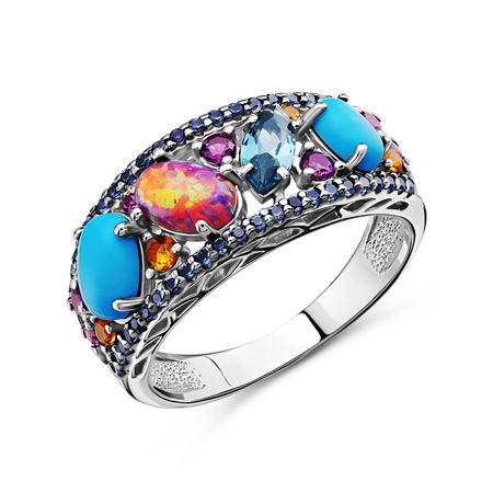 Серебряное кольцо с бирюзой и опалом с топазом и фианитами с родированием