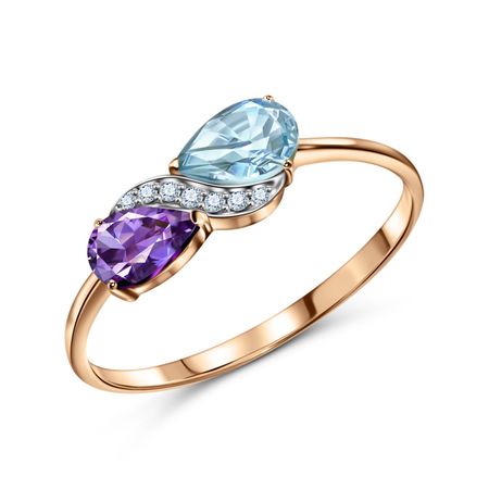 Золотое кольцо с топазом и аметистом с фианитами и родированием