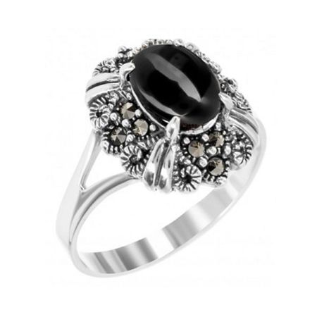 Серебряное кольцо с марказитами и ониксом с чернением