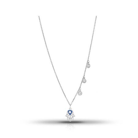 Серебряное колье Хамса с каплей с эмалью и фианитами с родированием