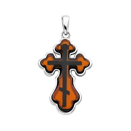 Серебряная подвеска Крест с янтарем и родированием