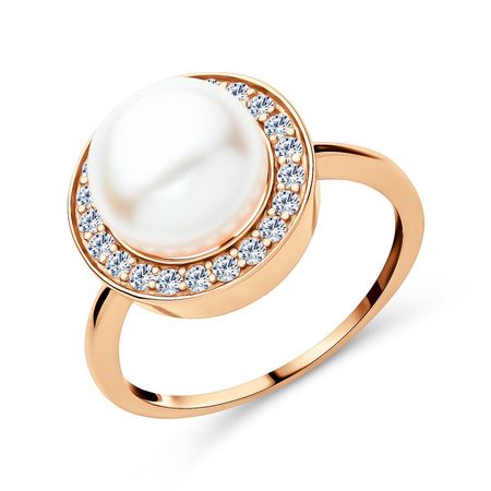 Серебряное кольцо с жемчугом и фианитами и позолотой