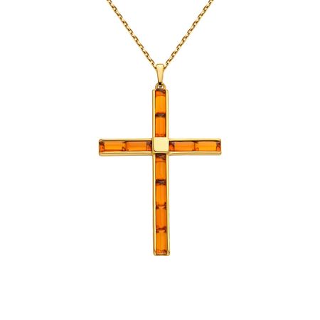 Серебряная подвеска Крест с янтарем и позолотой