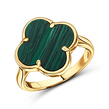 Серебряное кольцо Клевер с малахитом и позолотой