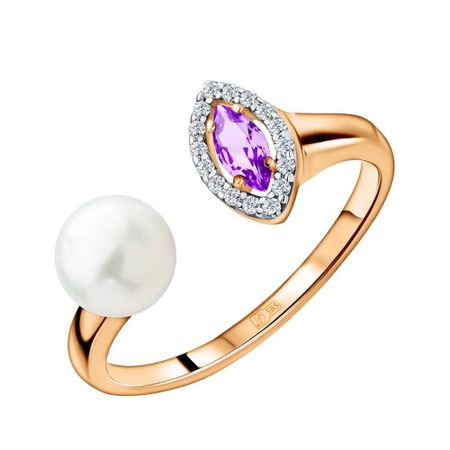 Золотое кольцо с аметистом и жемчугом с фианитами и родированием