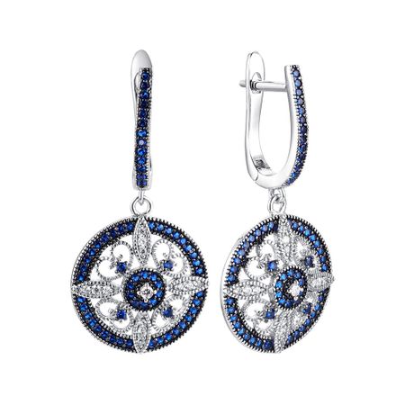 Серебряные серьги со шпинелью и фианитами с родированием