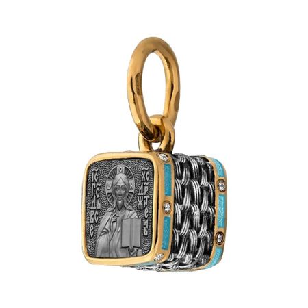 Серебряная подвеска Икона Господь Вседержитель с эмалью и фианитами с позолотой