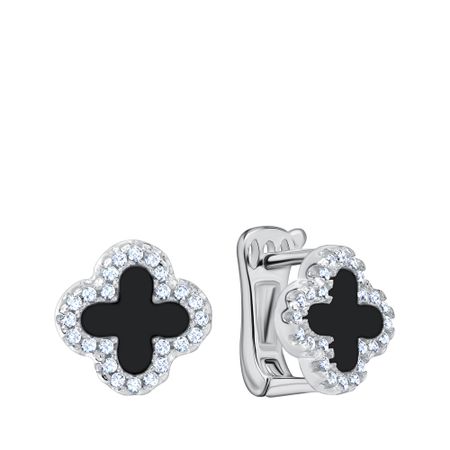 Серебряные серьги с пластиком и фианитами с родированием серебряные серьги квадрат с родированием