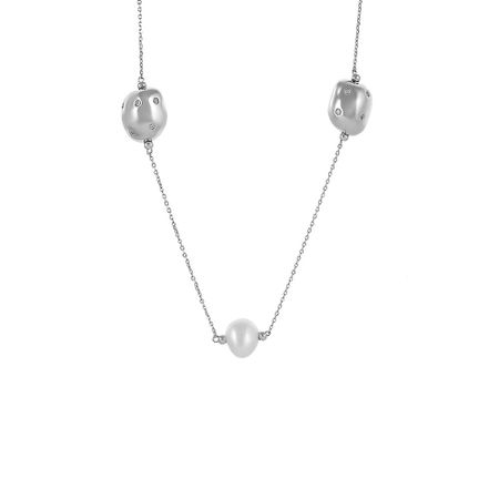 Серебряное колье с жемчугом и фианитами с родированием