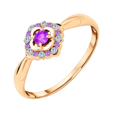 Золотое кольцо с аметистами и фианитами с родированием