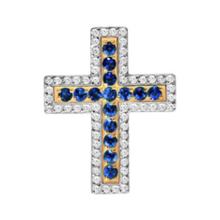 Золотая подвеска Крест с сапфирами и бриллиантами с родированием