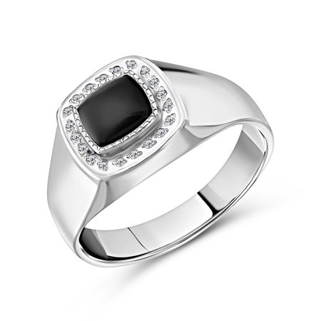Серебряная печатка с ониксом и фианитами с родированием