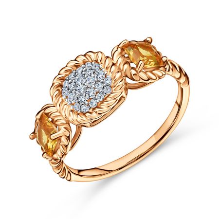 Золотое кольцо с цитринами и фианитами с родированием