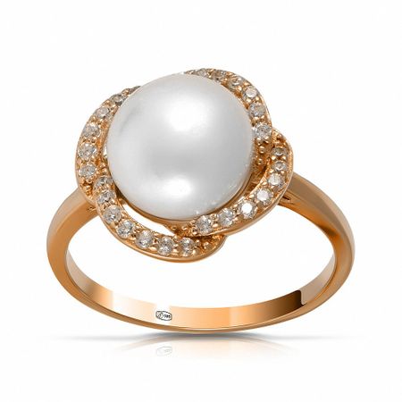 Серебряное кольцо с жемчугом и фианитами с позолотой