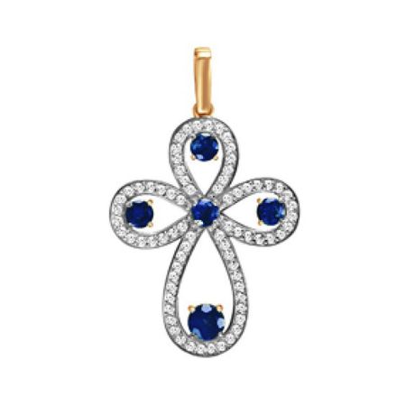 Золотая подвеска Крест с сапфирами и бриллиантами с родированием