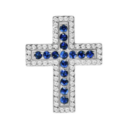 Золотая подвеска Крест с сапфирами и бриллиантами с родированием