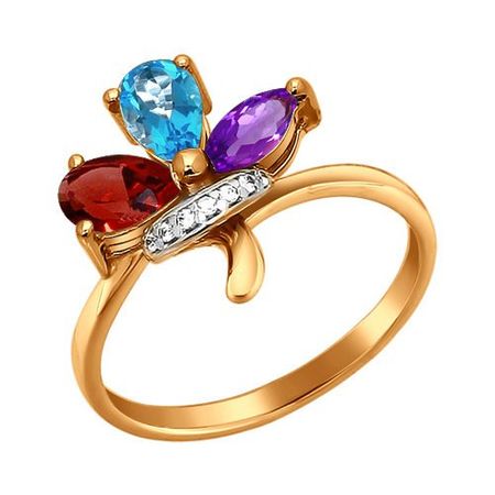 Золотое кольцо с аметистом и гранатом с топазом и фианитами