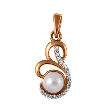 Золотая подвеска с жемчугом и фианитами с родированием
