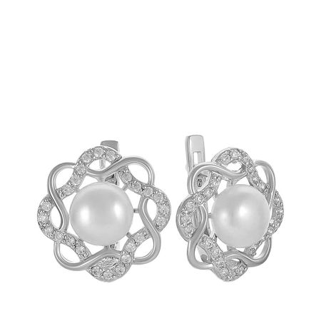 Серьги из серебра с жемчугом и фианитами