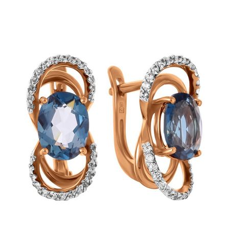 Золотые серьги с London топазами и фианитами с родированием