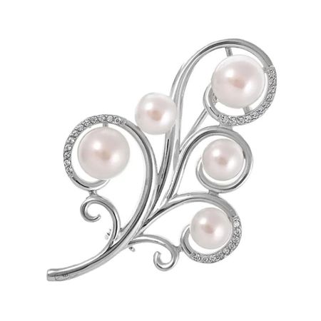 Брошь из серебра с жемчугом и фианитами