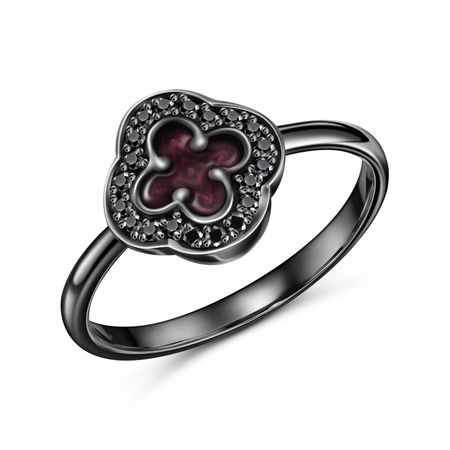 Серебряное кольцо с эмалью и фианитами с черным родированием