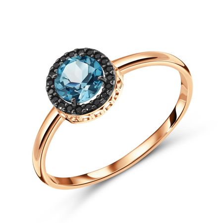 Золотое кольцо с London топазом и фианитами с черным родированием