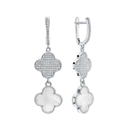 Серебряные серьги с перламутром и фианитами с родированием