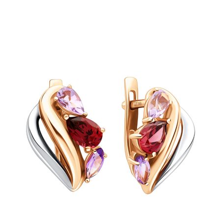 Золотые серьги с аметистами и родолитами